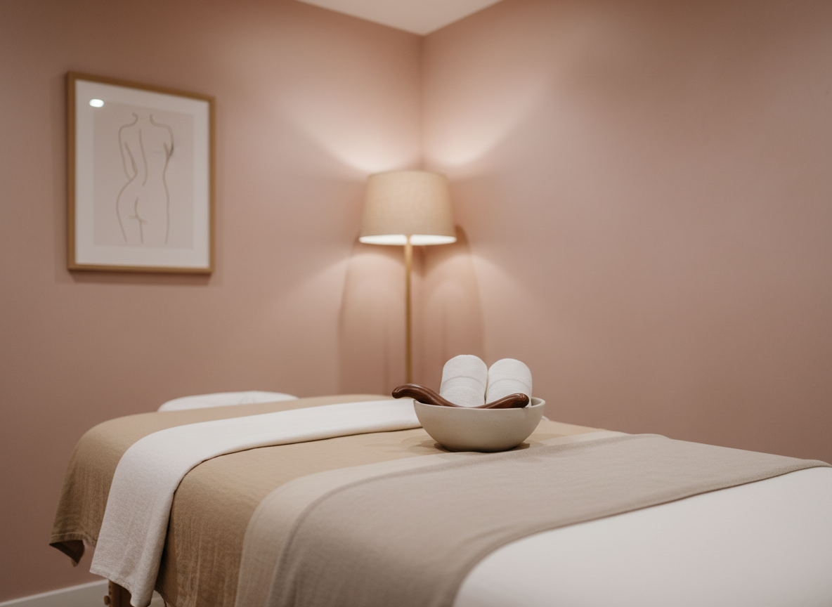 A serene treatment room vignette centered on a massage table draped in layered, natural-toned linens: warm white, sand, and pale taupe. At the head of the table rests a sculptural, matte ceramic bowl holding neatly rolled hand towels and a carved wooden fascia release tool. The walls are a muted plaster pink, with a single minimalist line drawing framed in light oak hinting at the female form without showing it. Gentle overhead and side lighting mimics soft daylight, creating a tranquil, cocoon-like atmosphere. Photographic realism, eye-level composition, with a slightly blurred background for intimacy, expressing safety, care, and expert myofascial therapy.