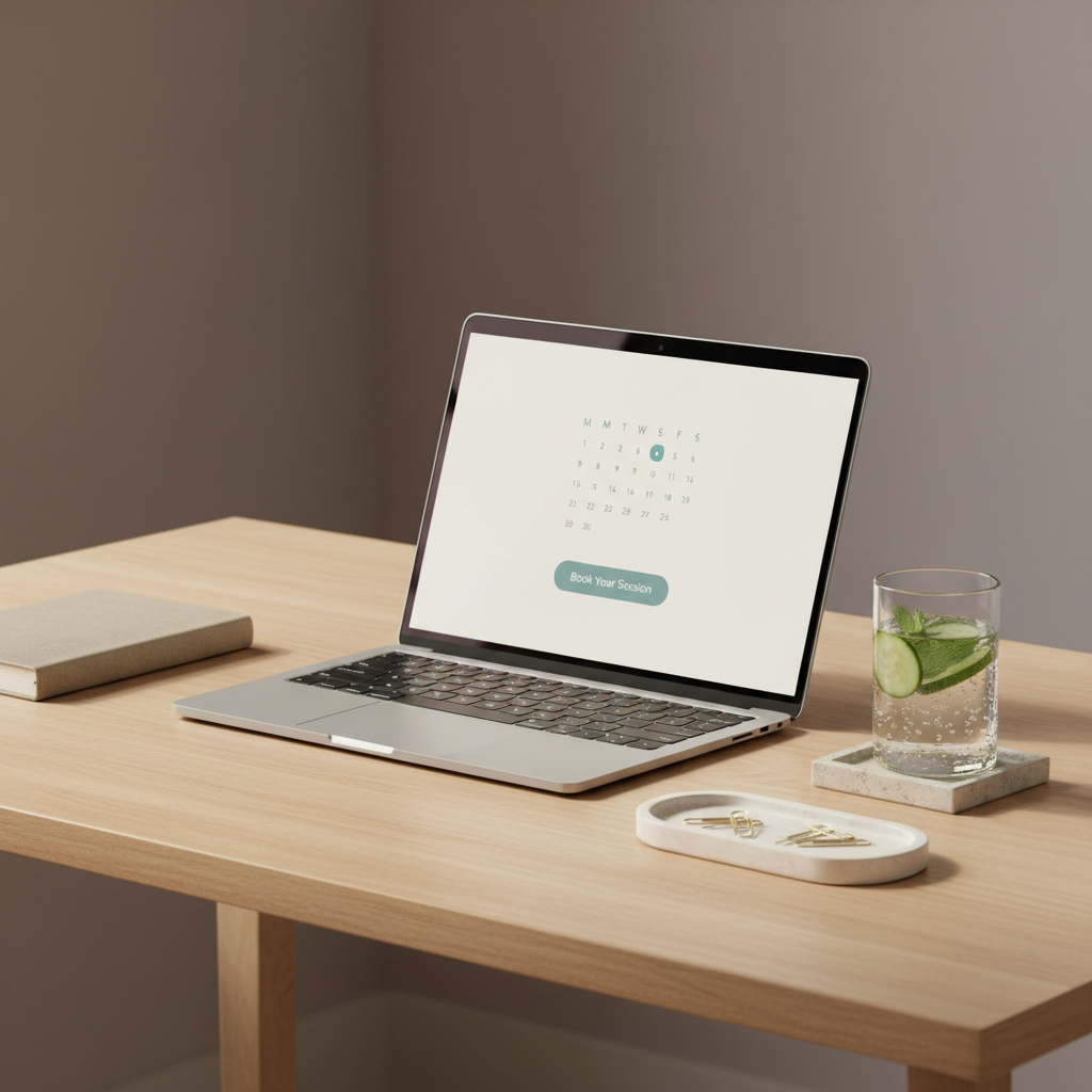 A booking-focused desktop workspace scene: an open laptop with a clean, minimal interface mockup on screen showing a simple calendar and "Book Your Session" button, set on a pale oak desk. Surrounding it are curated objects in warm neutrals: a stone coaster with a clear glass of infused water, a small alabaster tray with brass paper clips, and a linen-covered notebook. The background is a softly blurred wall in muted mauve-gray. Natural daylight from a window to the left creates a calm, even glow and subtle reflections on the laptop, in photographic realism. Shot from a three-quarter angle, the composition feels organized, inviting, and sophisticated, suggesting a seamless online booking experience.