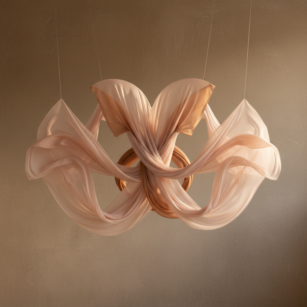 A poetic homepage hero image for a women’s wellness brand: an arrangement of flowing, translucent fabrics in nude, blush, and soft clay tones, suspended gently in midair against a warm, matte concrete backdrop. The fabrics curve and overlap like organic waves or a protective cocoon, subtly symbolizing the female body and inner strength without depicting figures. Soft morning light filters from the upper right, catching the edges of the fabric and creating luminous gradients and delicate shadows. Photographic realism with a slightly wide lens and centered, symmetrical composition. The overall mood is ethereal, artistic, and empowering, evoking transformation and redefinition of feminine health.