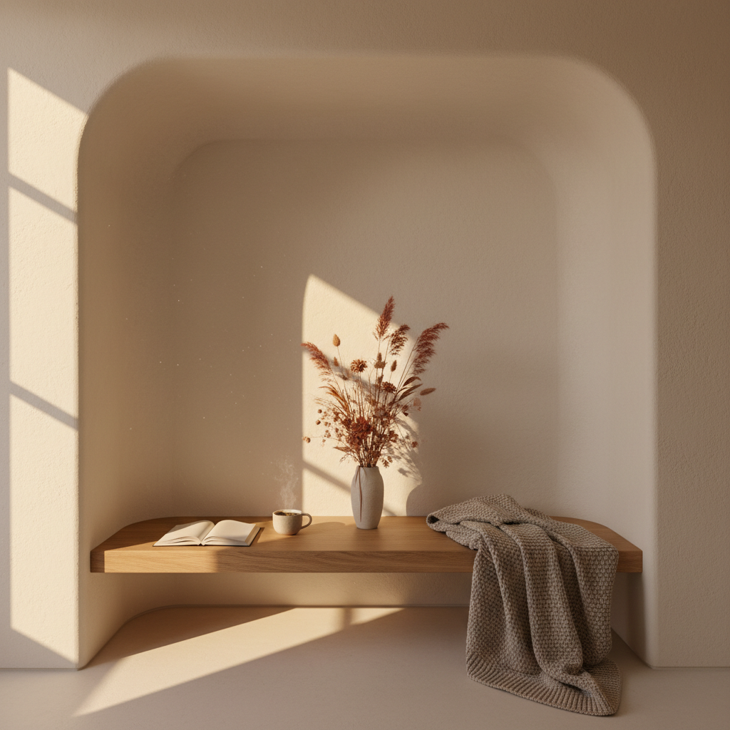 An abstract representation of a women-focused healing club shown through architectural elements: curved, cream-colored walls forming a cocoon-like alcove, a low oak bench, and a single sculptural dried floral arrangement in muted terracotta tones. On the bench rests an open linen-bound journal, a sand-colored ceramic cup of herbal tea, and a soft wool throw, suggesting reflection and restoration. Golden hour light spills through an unseen window, casting warm highlights and soft, elongated shadows across the space. Shot in photographic realism from a wide, slightly elevated angle, the composition feels serene, artistic, and quietly luxurious, conveying a sanctuary in the heart of London.