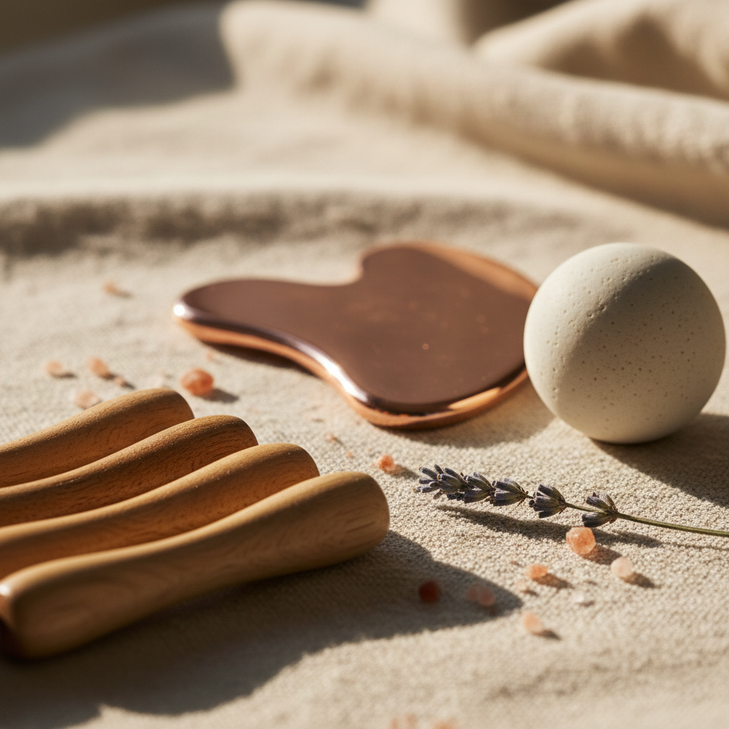 A close-up, artistic macro shot of myofascial therapy tools arranged on a textured linen cloth in warm neutral tones. Polished wooden rollers, a smooth rose-gold metal gua sha, and a matte porcelain trigger point sphere are positioned with intentional, sculptural spacing. Tiny grains of pink Himalayan salt and a sprig of dried lavender add tactile, organic accents. Side lighting from a nearby window creates dramatic yet soft shadows, highlighting curves, edges, and surface details. Photographic realism with very shallow depth of field keeps the foreground crisp while dissolving the background into creamy bokeh. The mood is elevated, sensory, and quietly powerful, suggesting precision and depth of bodywork.