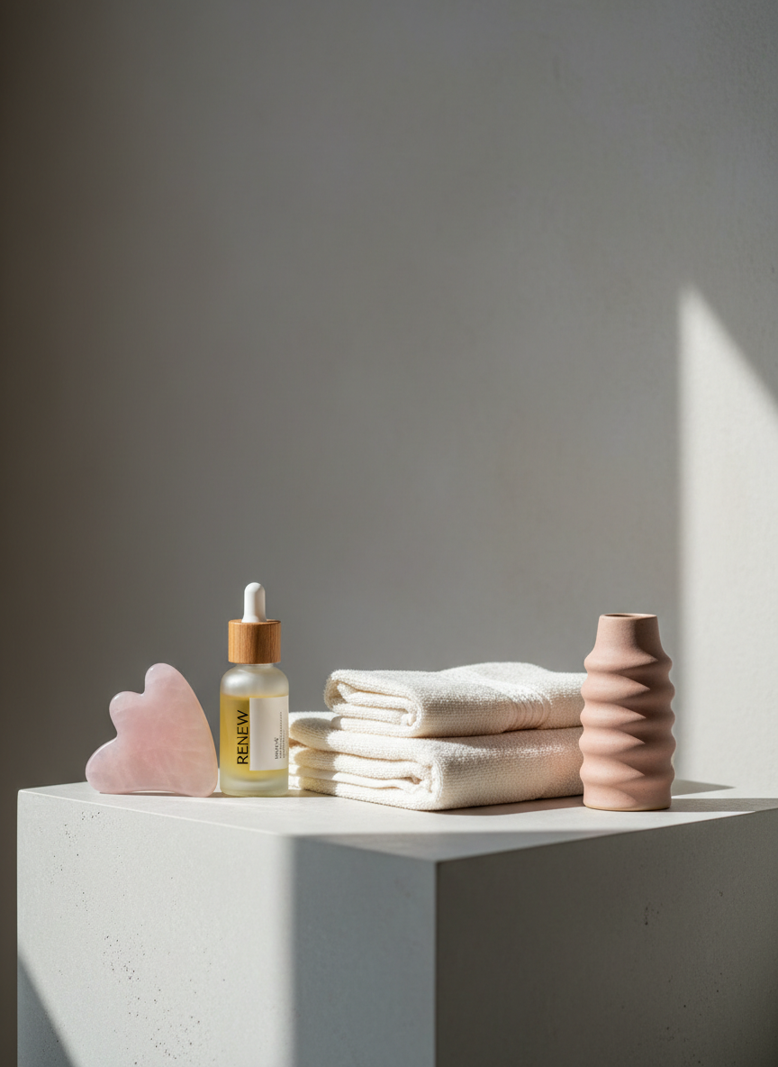A still-life arrangement of holistic wellness objects on a pale stone plinth: a smooth rose quartz massage tool, a frosted glass essential oil bottle, neatly folded ivory cotton towels, and a sculptural ceramic fascia roller with matte blush glaze. The scene is set against a soft greige plaster wall with subtle texture, in a quiet, gallery-like space. Diffused daylight from the left creates gentle gradients and long, delicate shadows, emphasizing every contour. Photographic realism, eye-level composition with shallow depth of field, and a minimalist, sophisticated aesthetic evoke calm, elevated femininity and contemporary London design sensibilities.